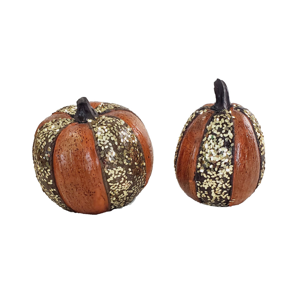Set of 2 Fall 2019 Autumn Pumpkins Gold Glitter & Orange Resin Decor Halloween - Picture 2 of 5